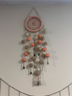Handcrafted Pink and Neutral Pom-Pom Wall Hanging Dreamcatcher